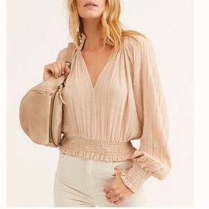 Lavender Sketch Beige V-Neck Blouse with Smocked Cuffs Ruffle Details Small